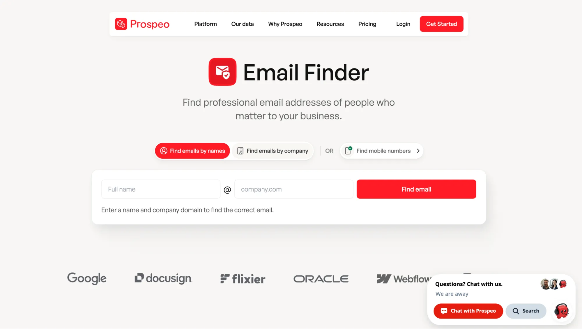 Página «Email Finder» de Prospeo con un formulario de búsqueda por nombre y empresa.