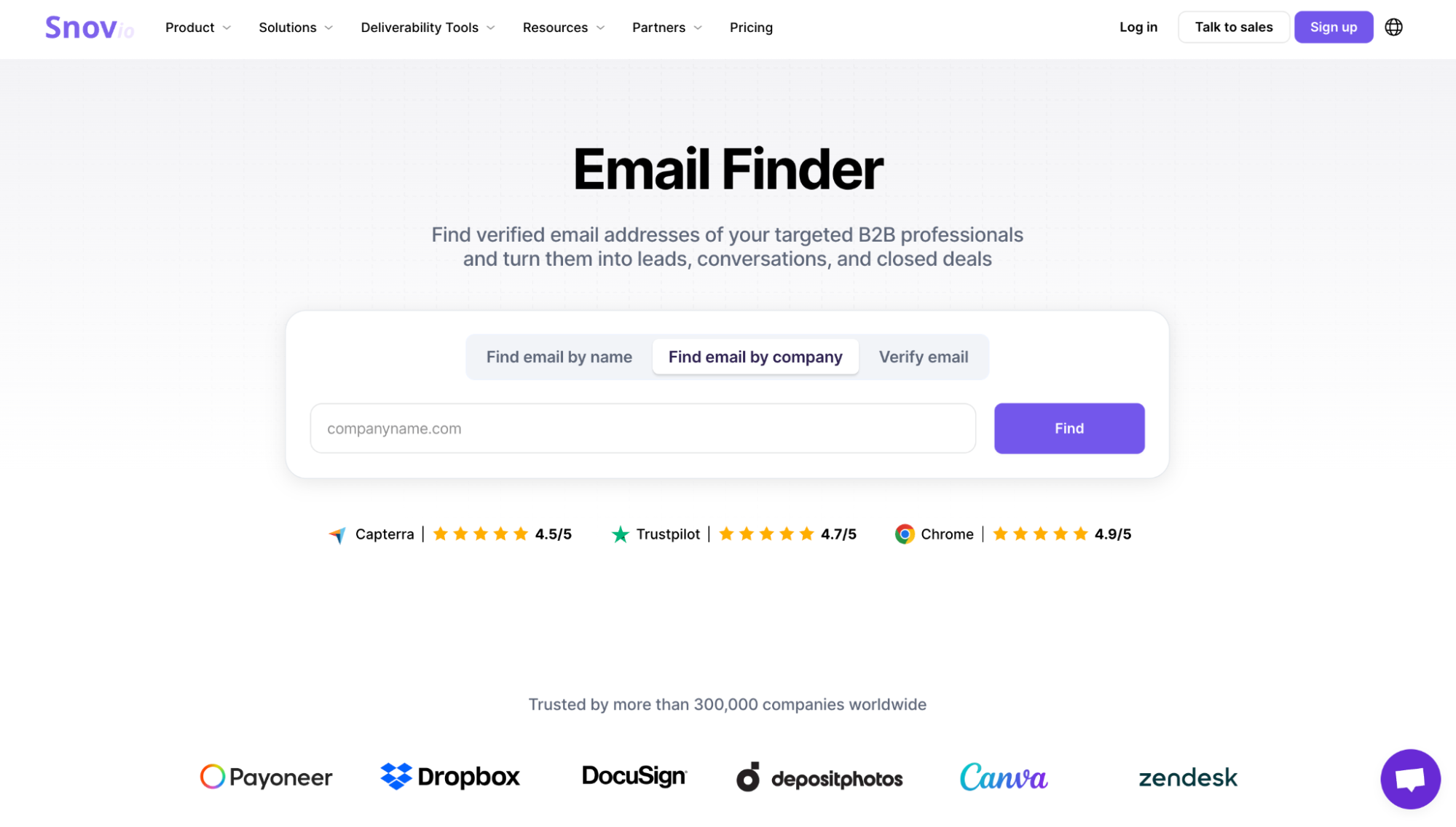Página «Email Finder» de Snov.io con un formulario de búsqueda de correos electrónicos.