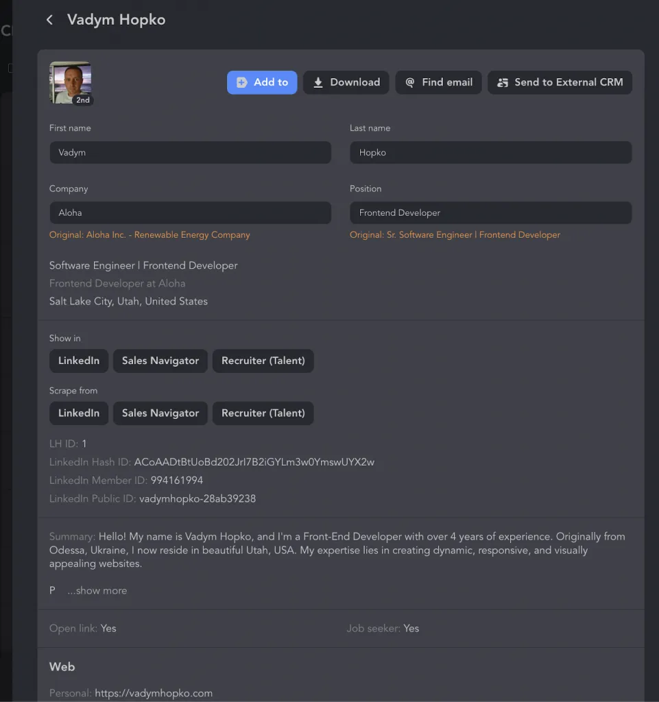 Linked Helper-CRM-Karte zur Suche nach E-Mail-Adressen auf LinkedIn