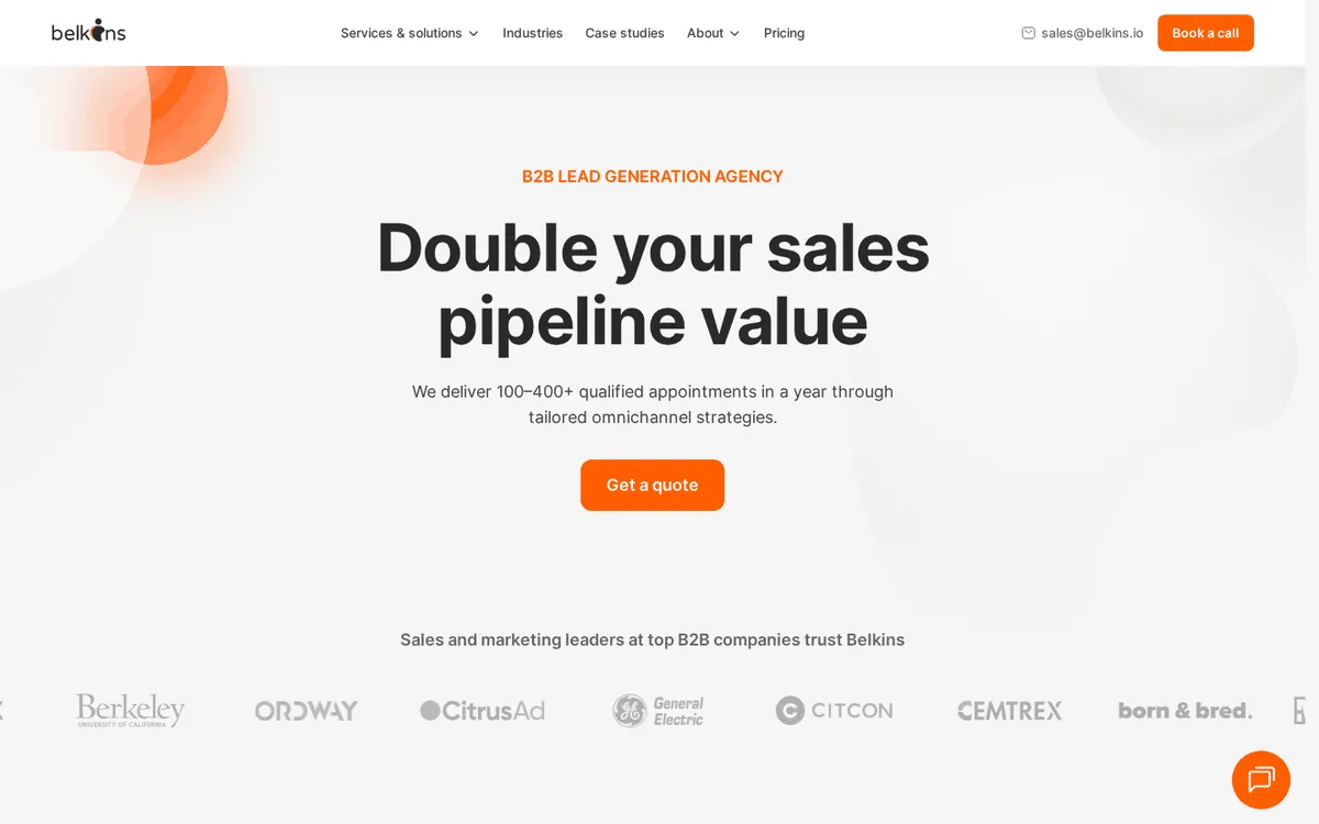 Belkins homepage promising 100 to 400 qualified appointments a year
