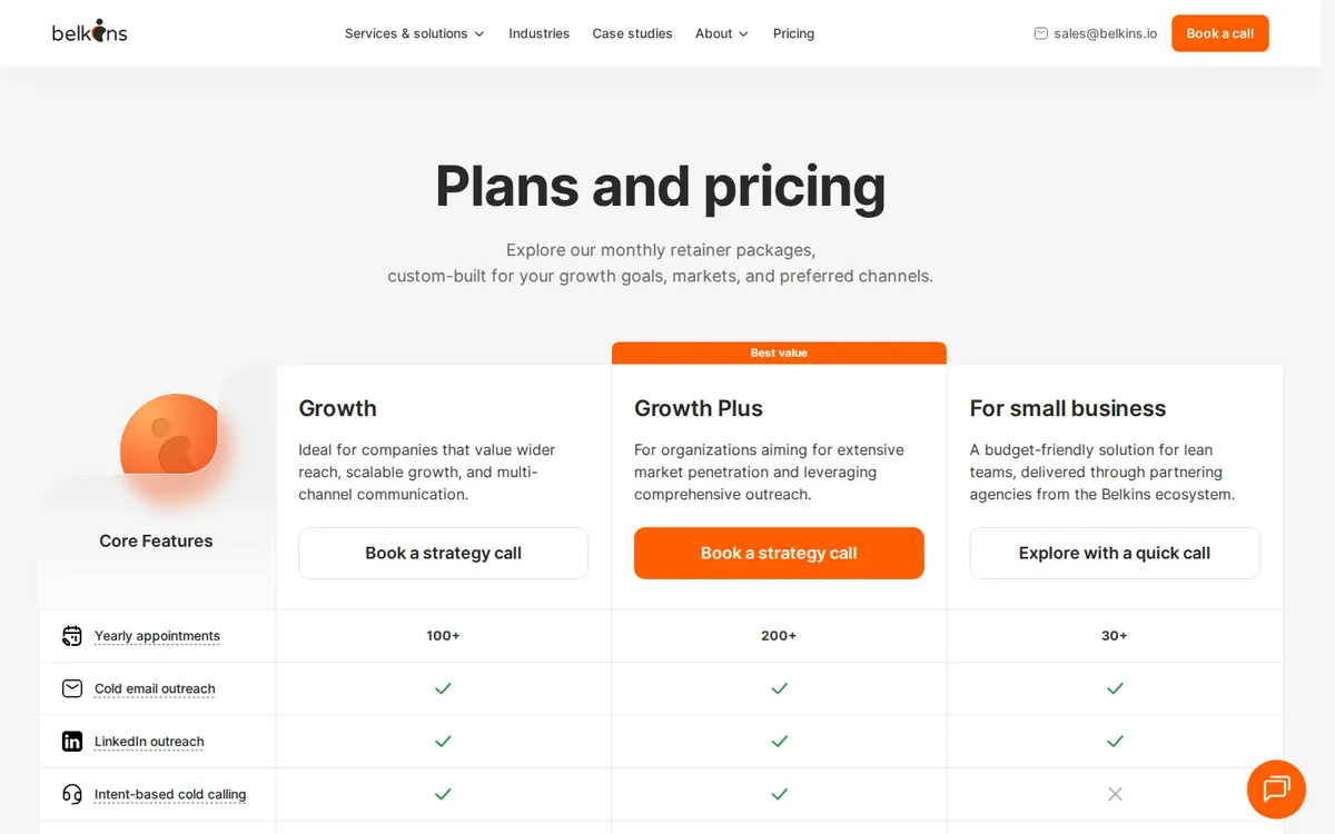 Belkins pricing page with Growth, Growth Plus and small business plans