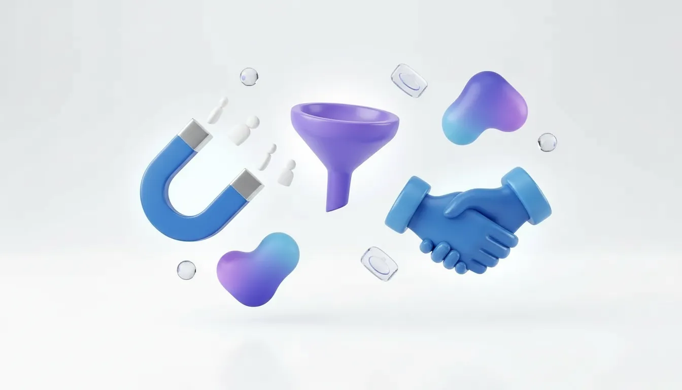 Blue and violet 3D magnet, sales funnel, and handshake representing LinkedIn lead generation agencies