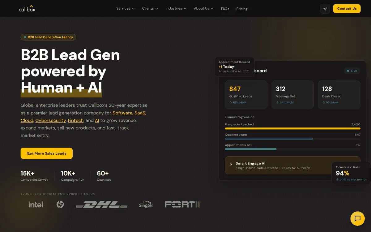 Callbox homepage headline: B2B lead gen powered by human plus AI