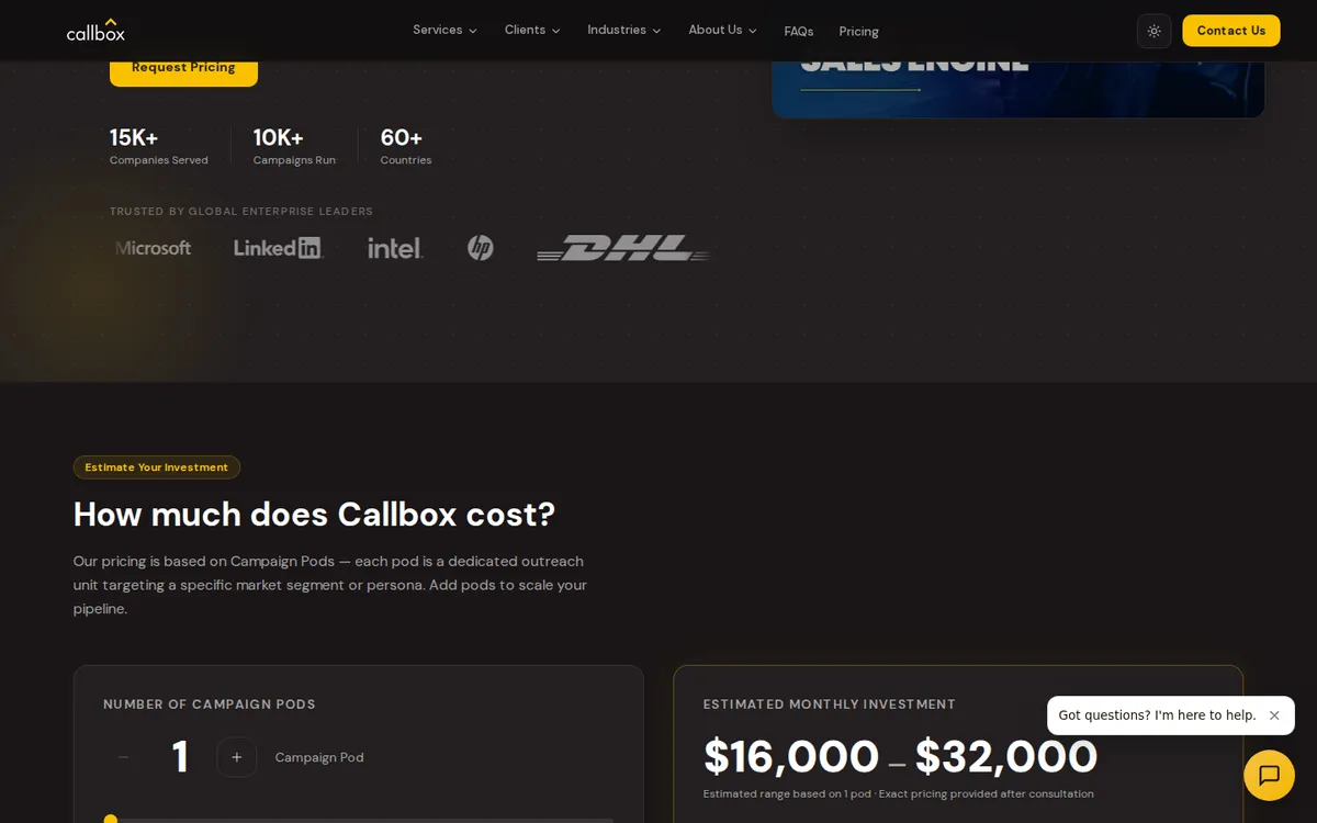 Callbox pricing estimator showing $16,000 to $32,000 estimated monthly investment for one Campaign Pod