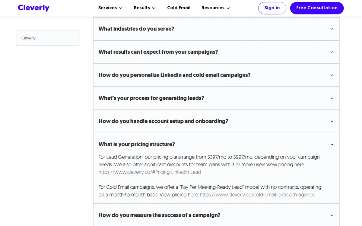 Cleverly FAQ answer listing lead generation plans from $397 to $997 per month