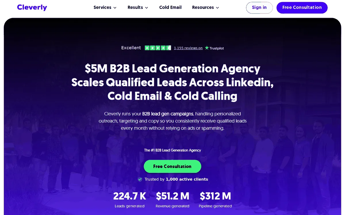 Cleverly homepage claiming lead generation across LinkedIn, cold email and cold calling