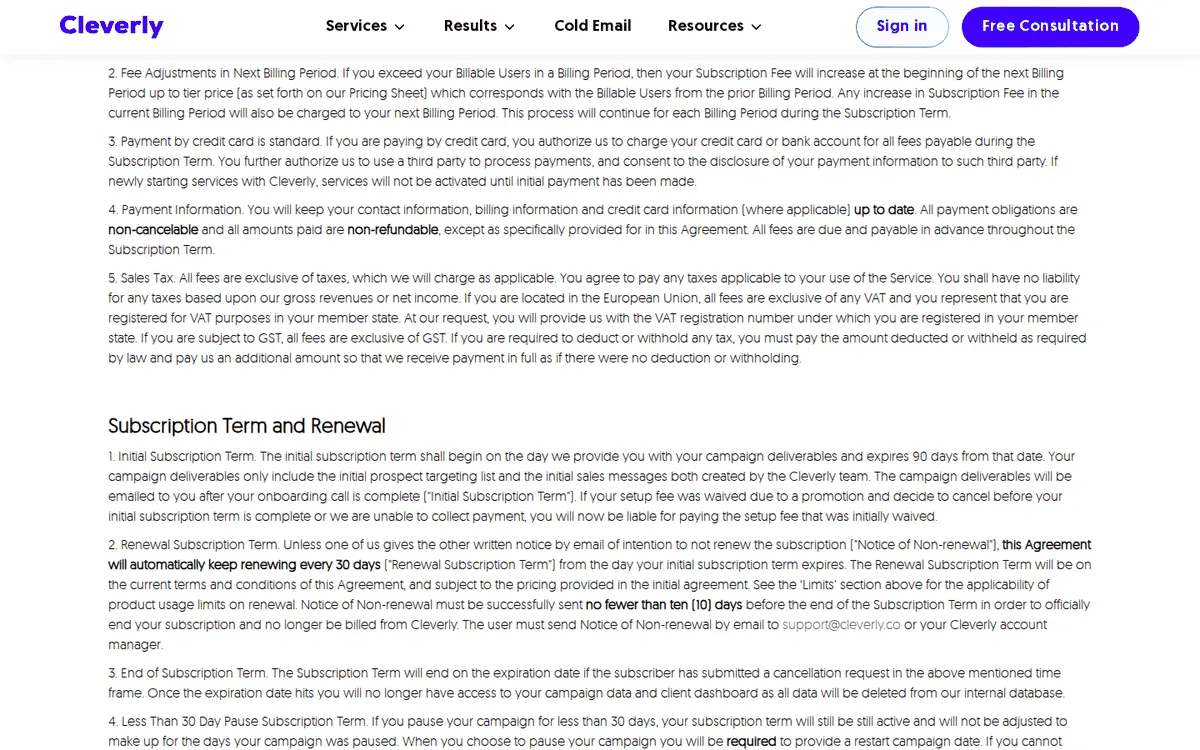 Cleverly terms of use, Subscription Term and Renewal clause