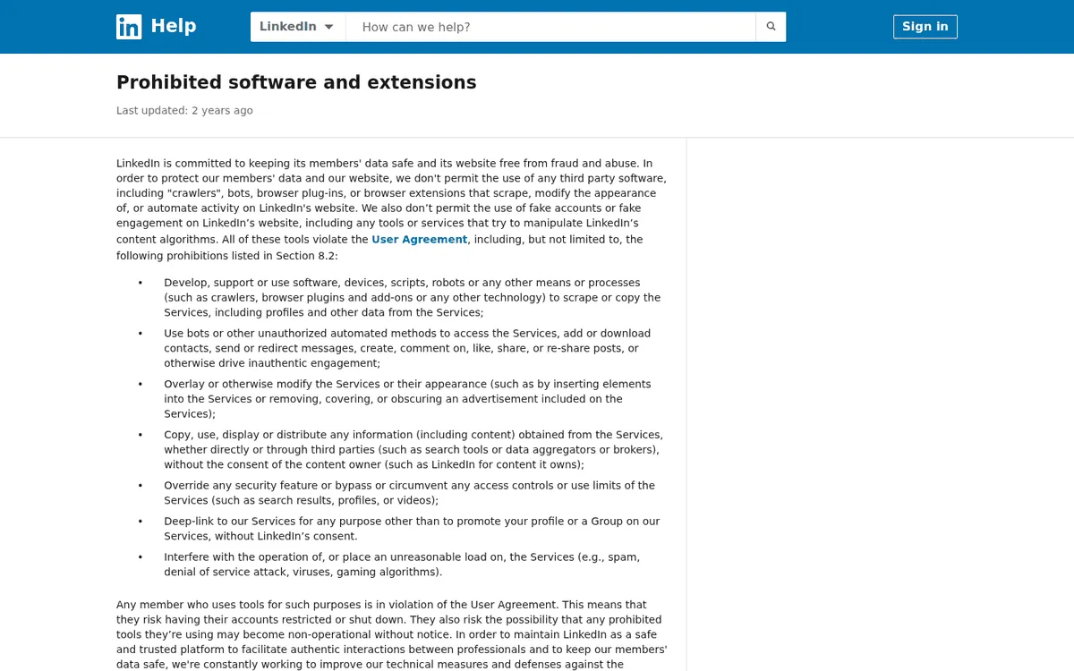 LinkedIn Help article titled Prohibited software and extensions