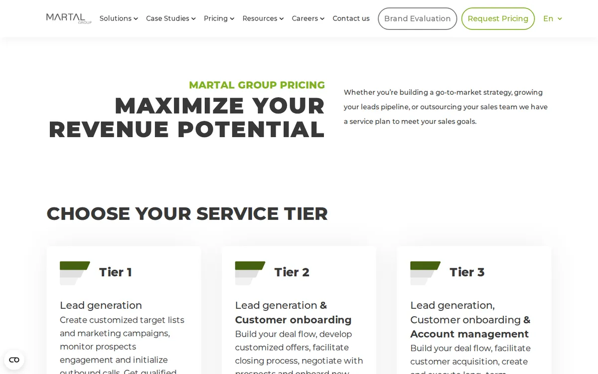 Martal Group pricing page with three service tiers and no dollar prices
