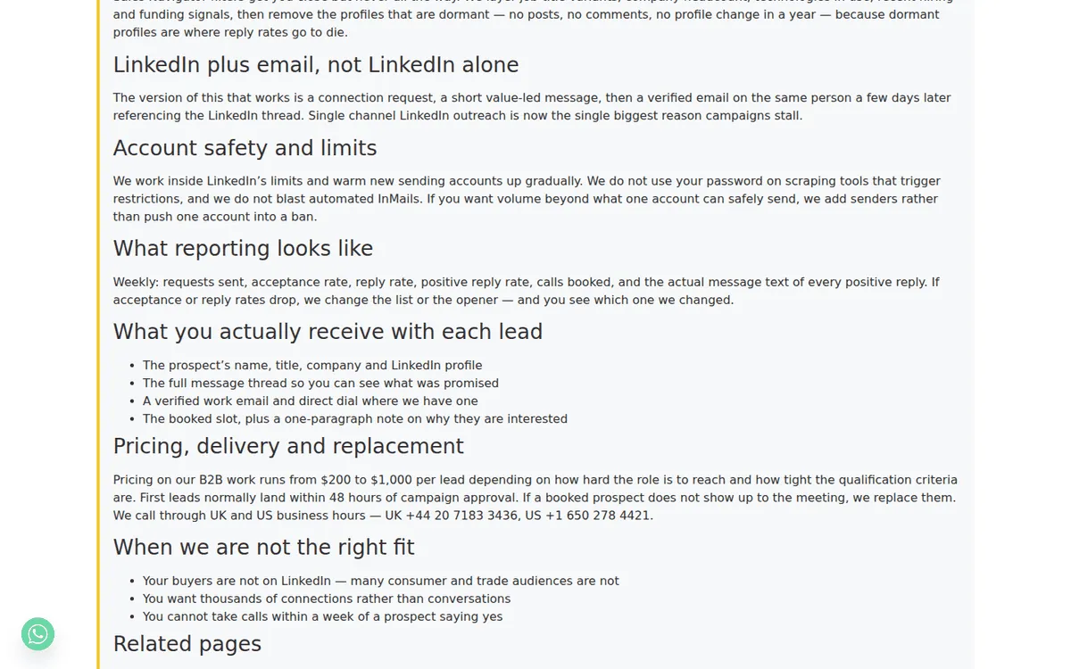 Pearl Lemon Leads page with $200–$1,000 per lead pricing and replacement terms