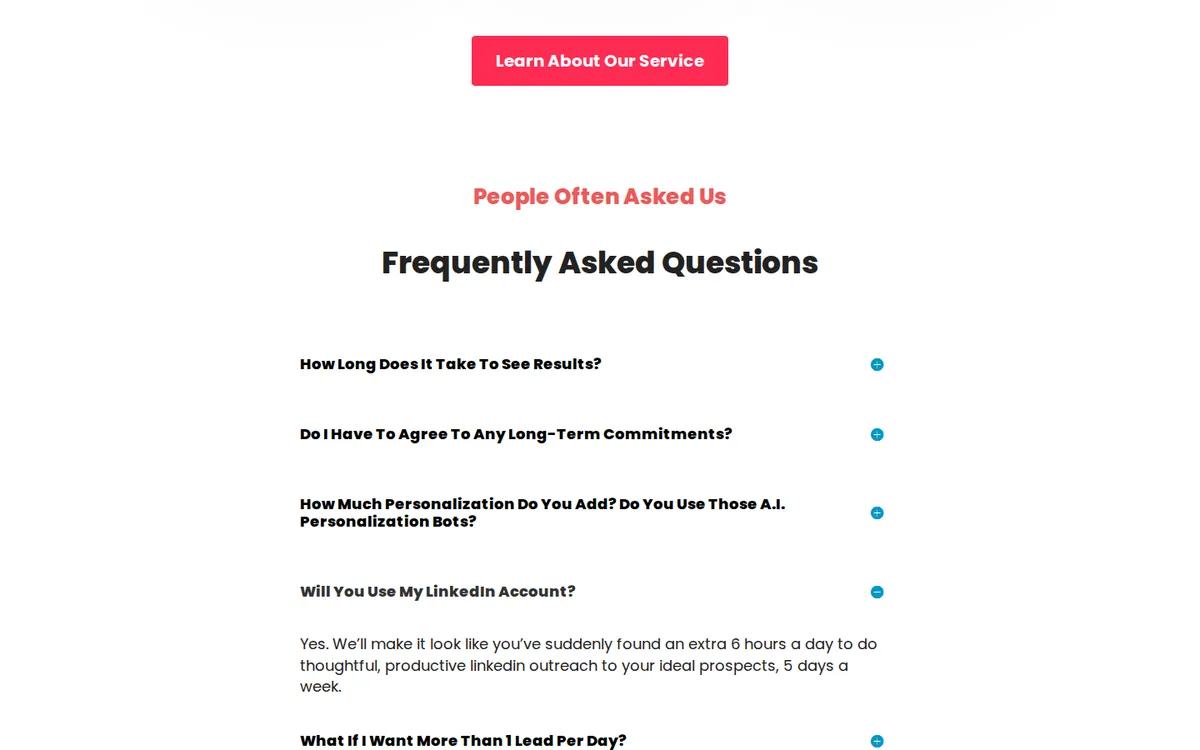 SalesBread homepage FAQ answering that it will use the client's LinkedIn account