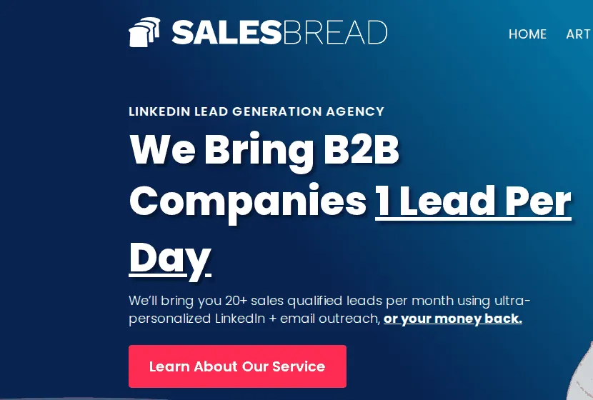 SalesBread homepage promising one lead per day from LinkedIn and email outreach