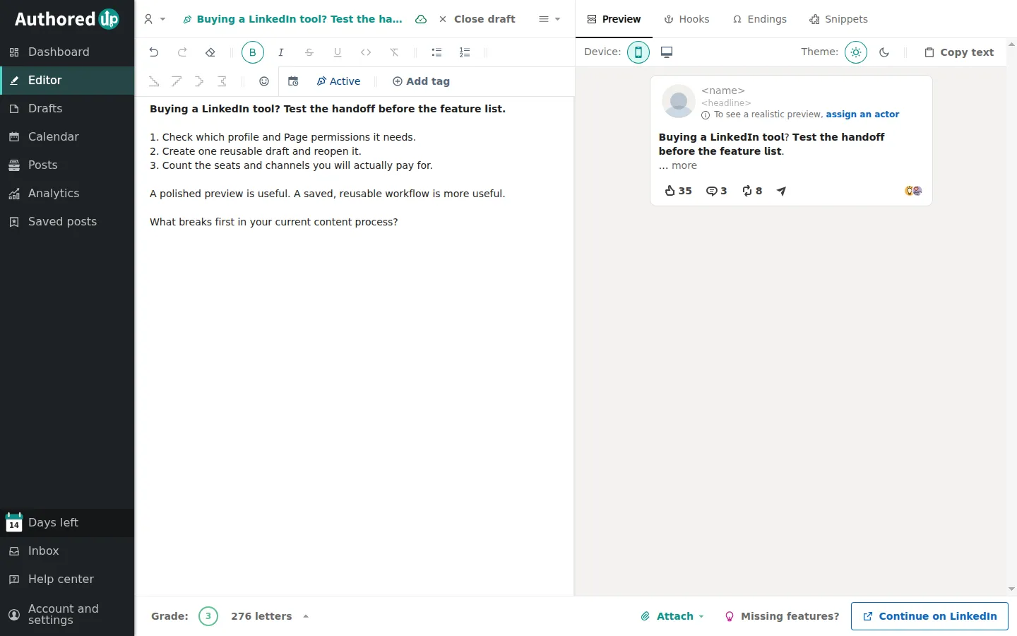 AuthoredUp web editor with a checklist draft in mobile preview