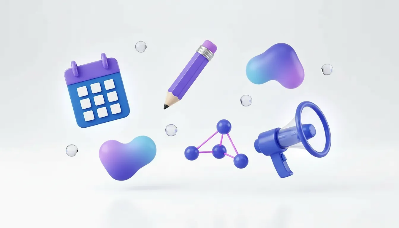 Floating blue and violet calendar, pencil, megaphone and network icons representing LinkedIn marketing tools