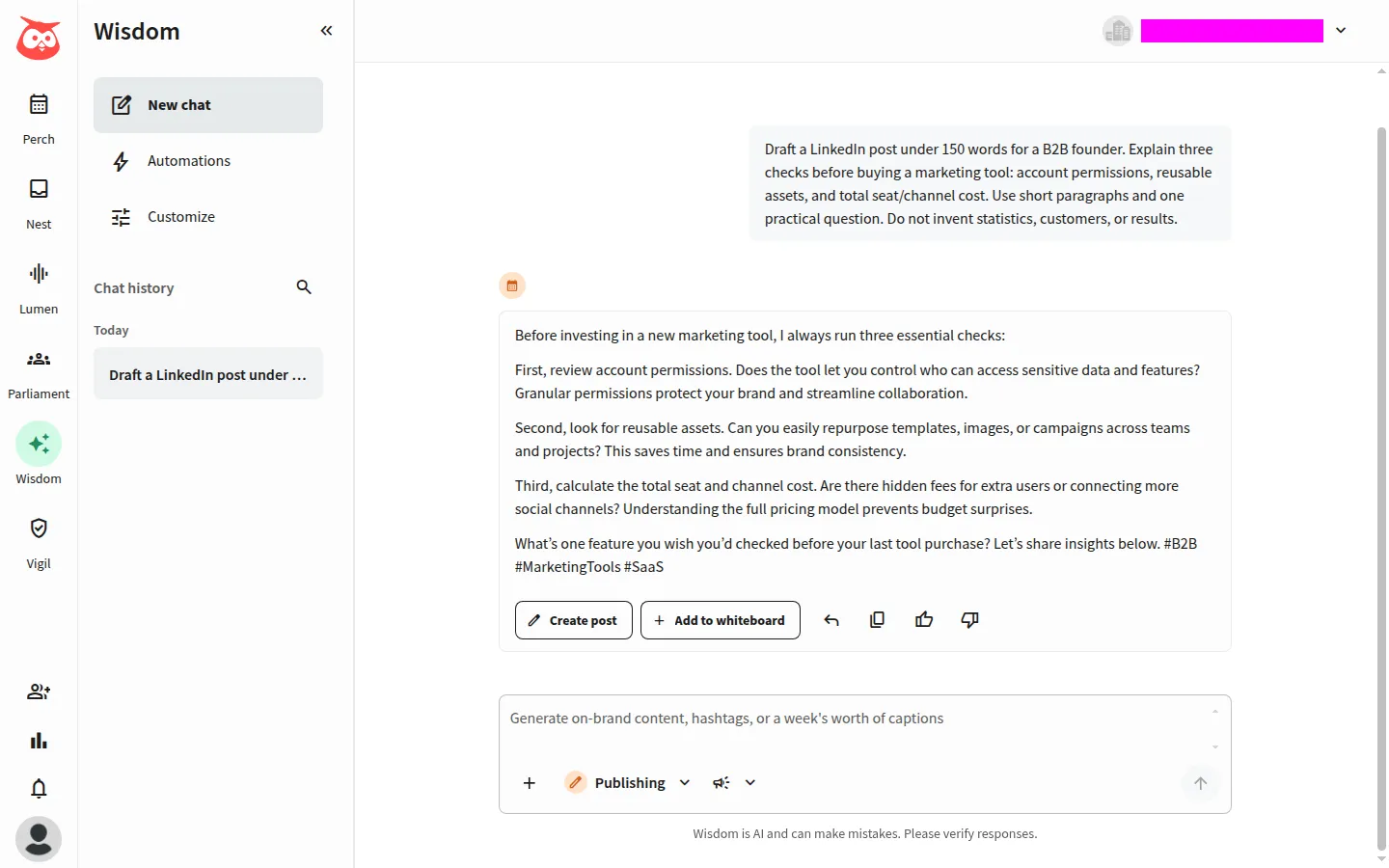 Hootsuite AI assistant response to the writing brief