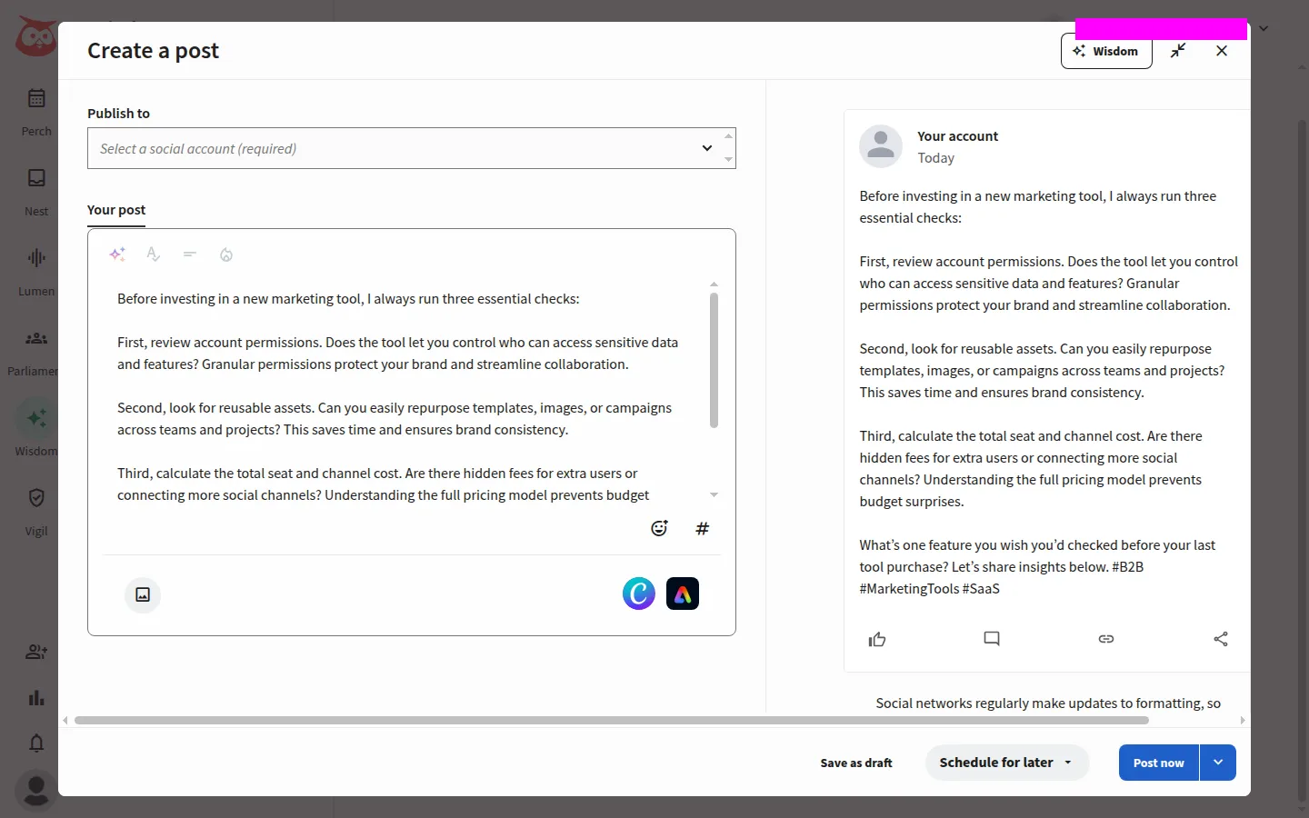 Hootsuite composer after the AI hand-off