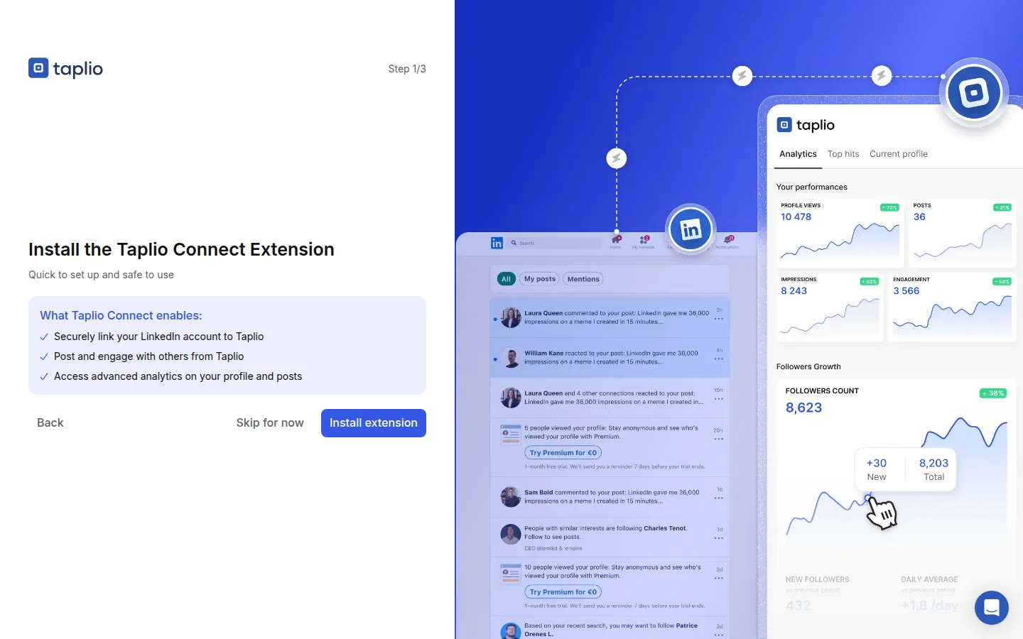 Taplio's Connect extension step in a new account