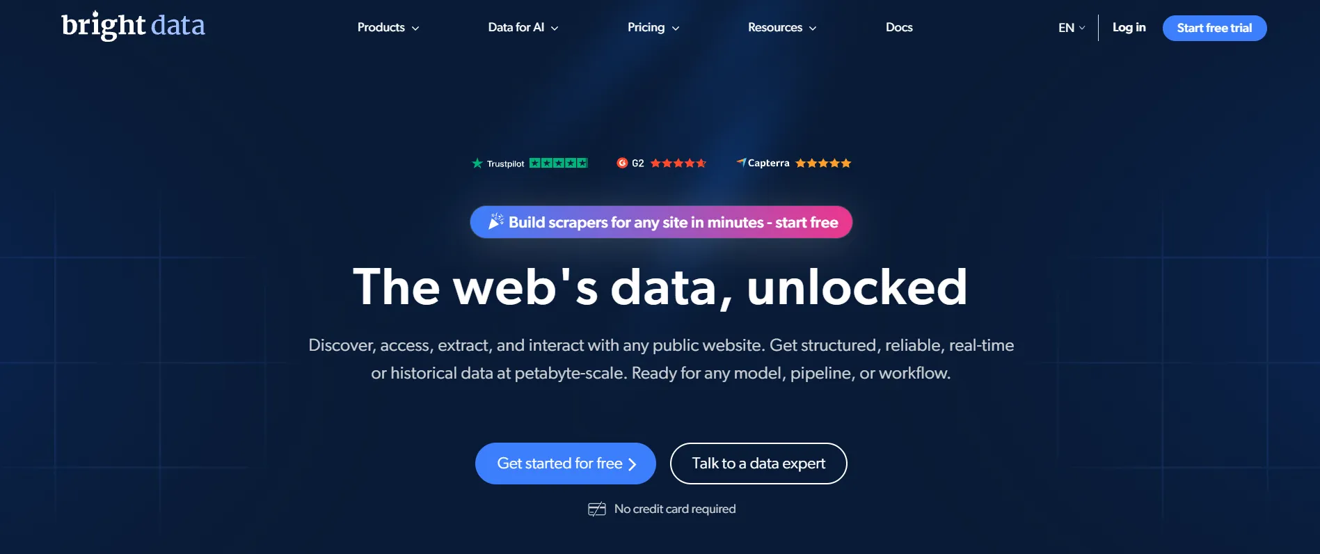 Página inicial da Bright Data a apresentar a sua plataforma de recolha de dados da web.