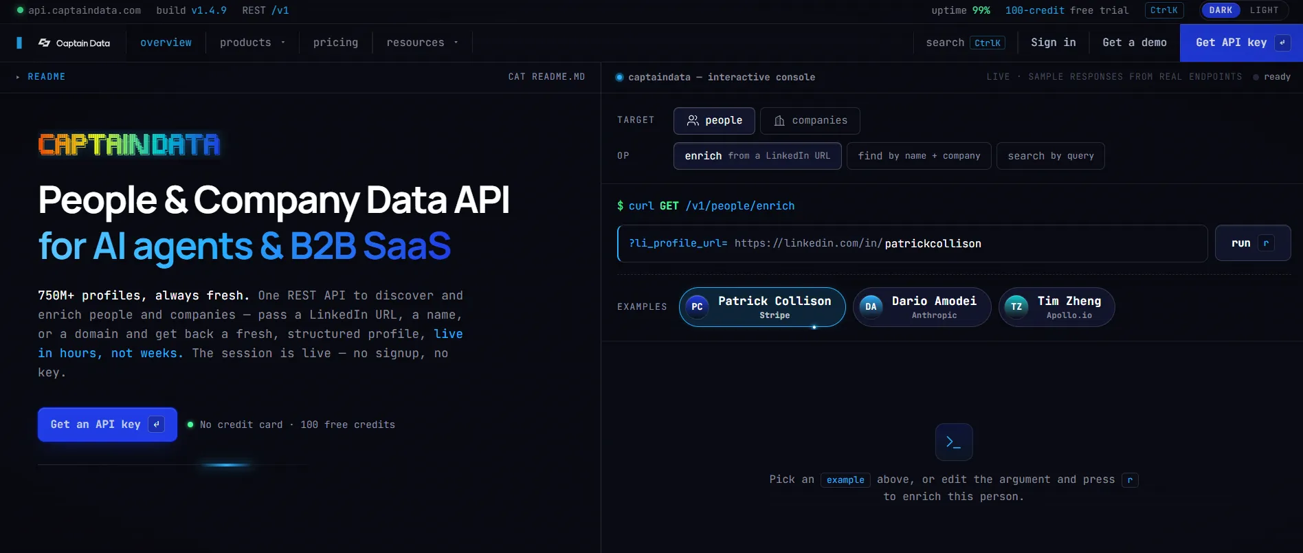 Página inicial da Captain Data com uma pré-visualização da documentação das APIs de pessoas e empresas.