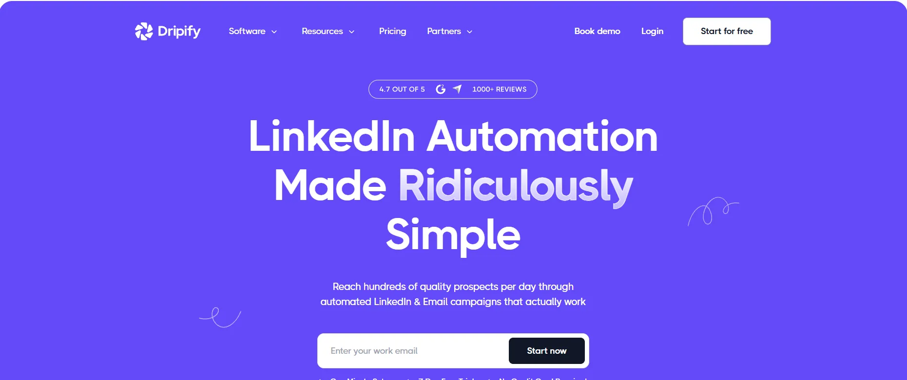 Página inicial da Dripify a apresentar a automatização de atividades no LinkedIn e a geração de leads.