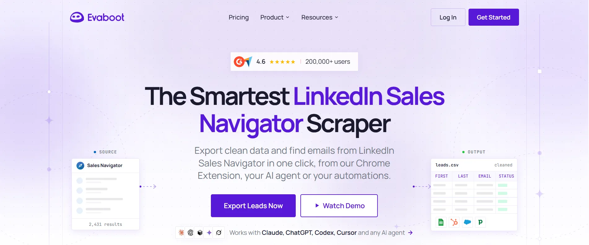 Página inicial da Evaboot a apresentar o seu scraper do LinkedIn Sales Navigator.