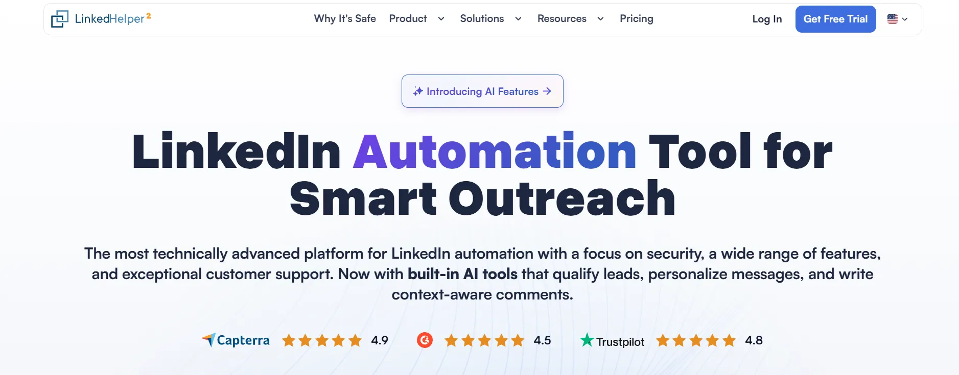 Página inicial da Linked Helper a apresentar a automatização de atividades no LinkedIn para uma prospeção inteligente.