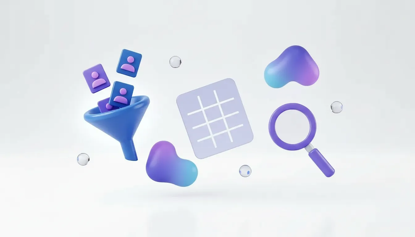 Profile cards flowing through a funnel into structured data beside a magnifying glass.