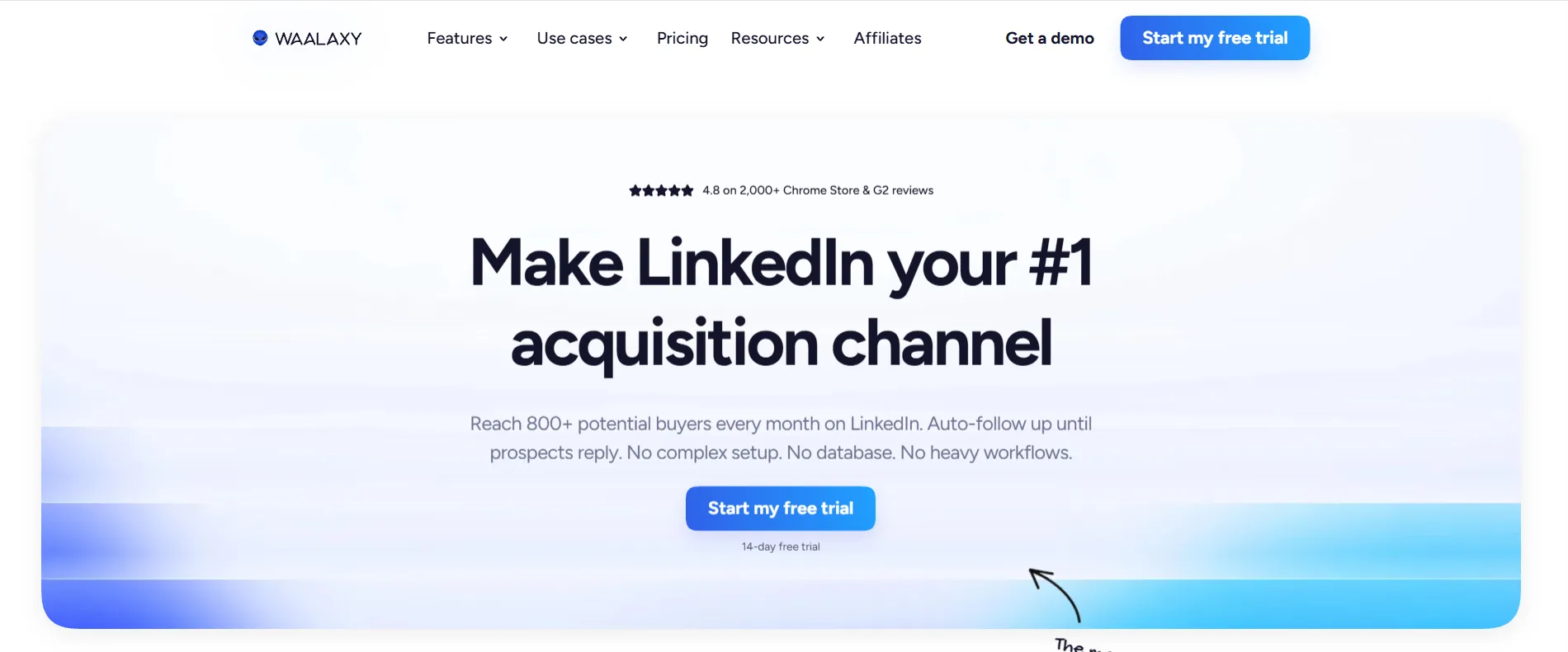 Página inicial da Waalaxy a apresentar o LinkedIn como canal de aquisição.