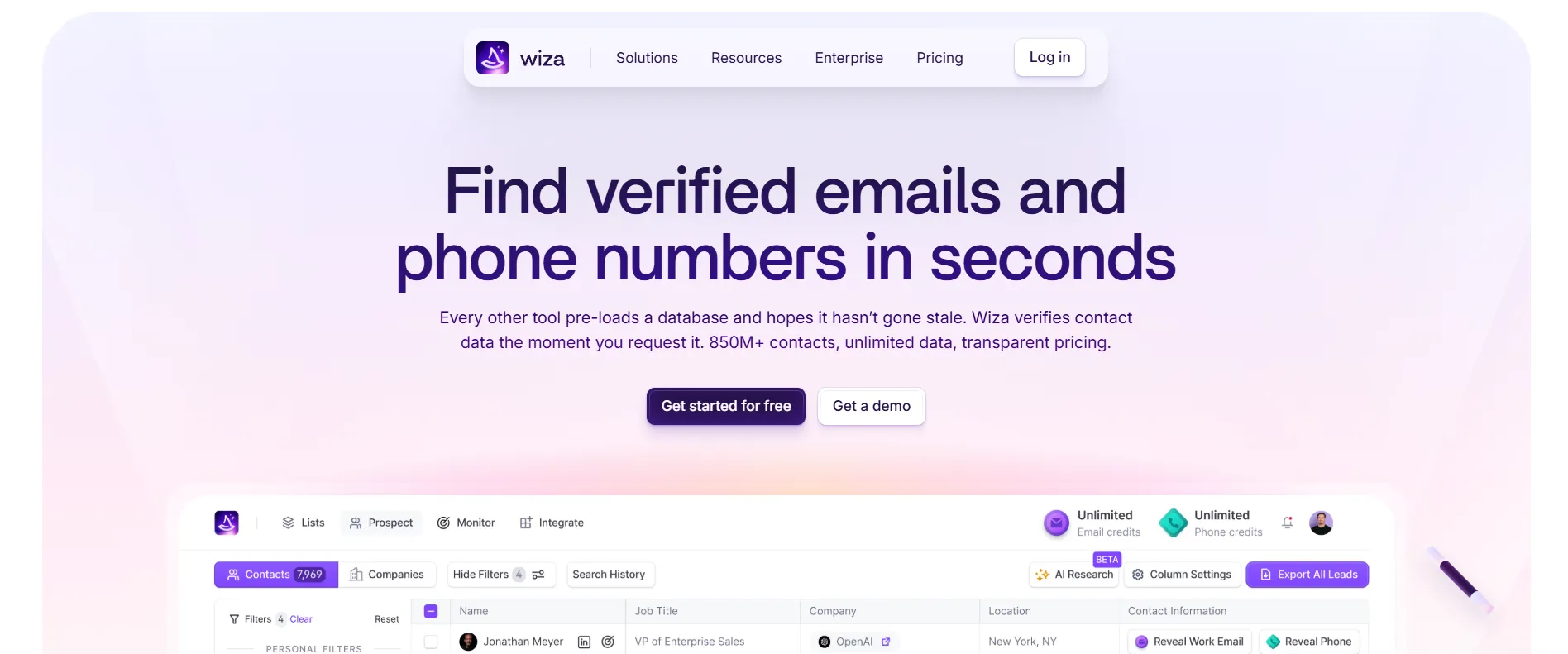 Página inicial da Wiza a apresentar a pesquisa de emails e números de telefone verificados.