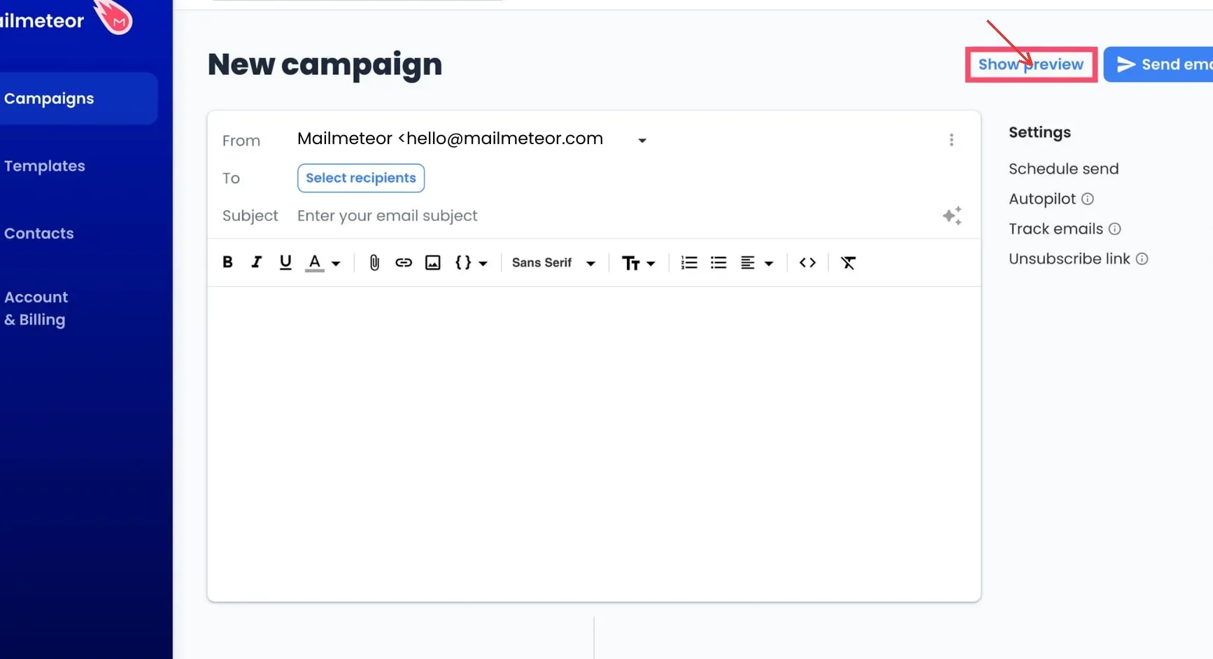 Mailmeteor new campaign editor with Show preview highlighted