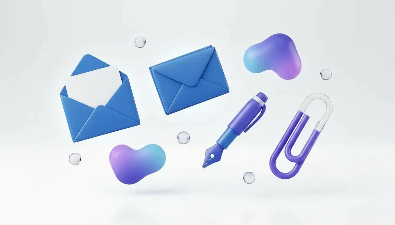 Floating blue envelopes, fountain pen and violet paperclip representing personalized email
