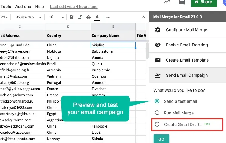 Digital Inspiration Mail Merge sidebar with Create Gmail Drafts highlighted