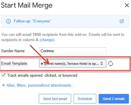 YAMM Start Mail Merge sidebar with the Gmail draft template picker highlighted