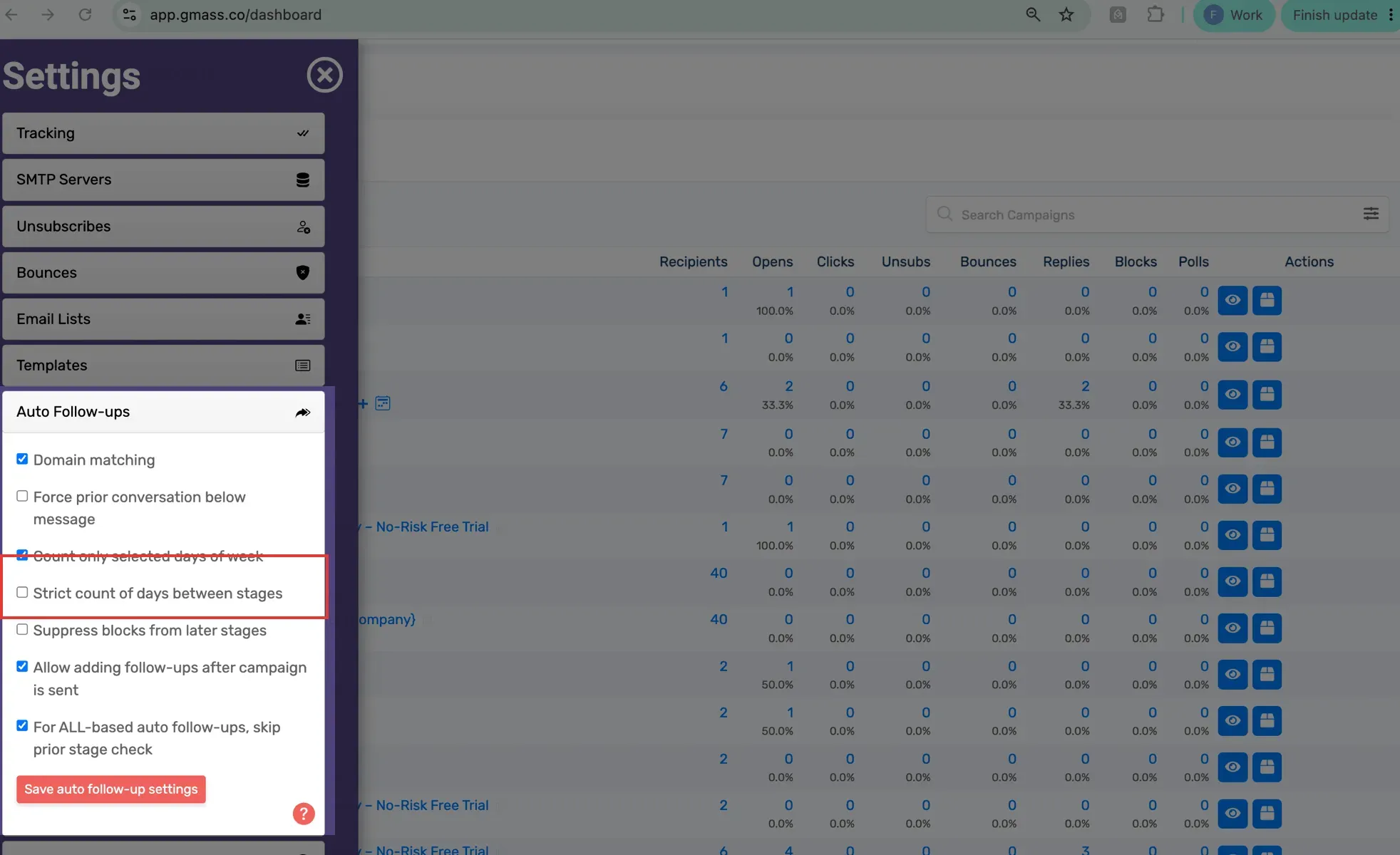 GMass automatic follow-up settings with Strict count of days between stages highlighted