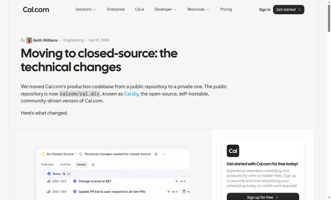 Anúncio do Cal.com sobre a transferência do seu código de produção para um repositório privado