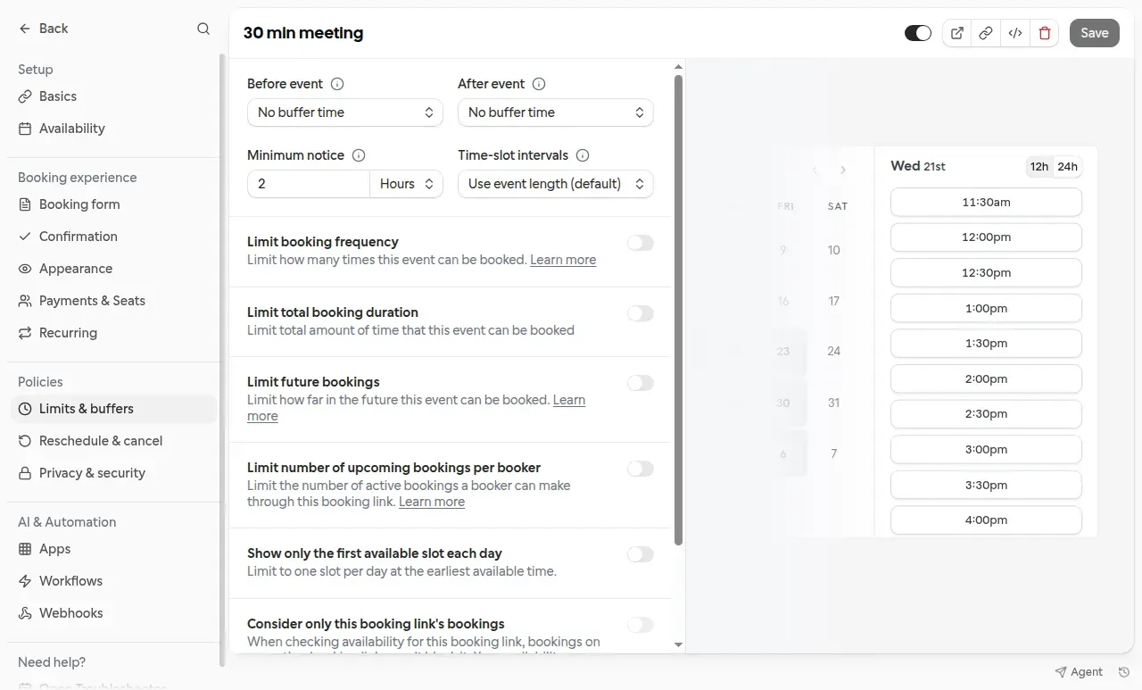 Editor de eventos do Cal.com com limites, intervalos e pré-visualização da disponibilidade