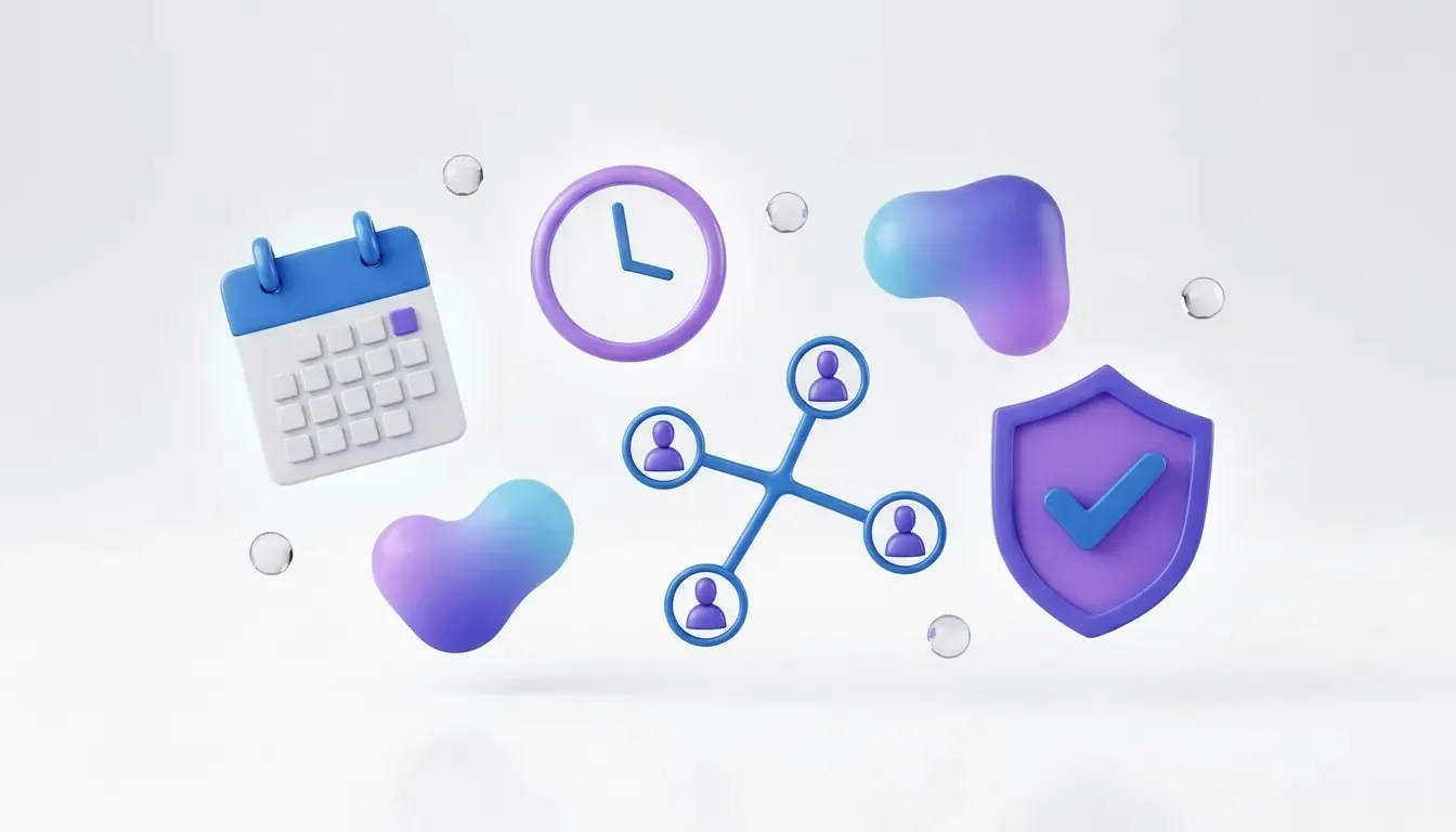 Calendário, relógio, ícones de distribuição pela equipa e um escudo protetor em azul e violeta