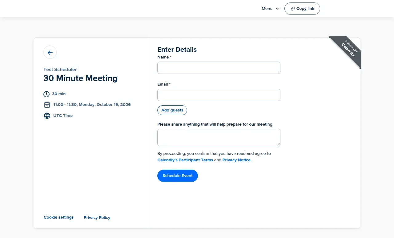 Formulário de marcação do Calendly a solicitar o nome e o email do convidado