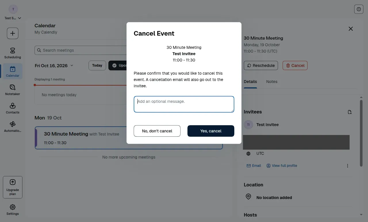 Caixa de diálogo de cancelamento do Calendly com uma mensagem de cancelamento opcional