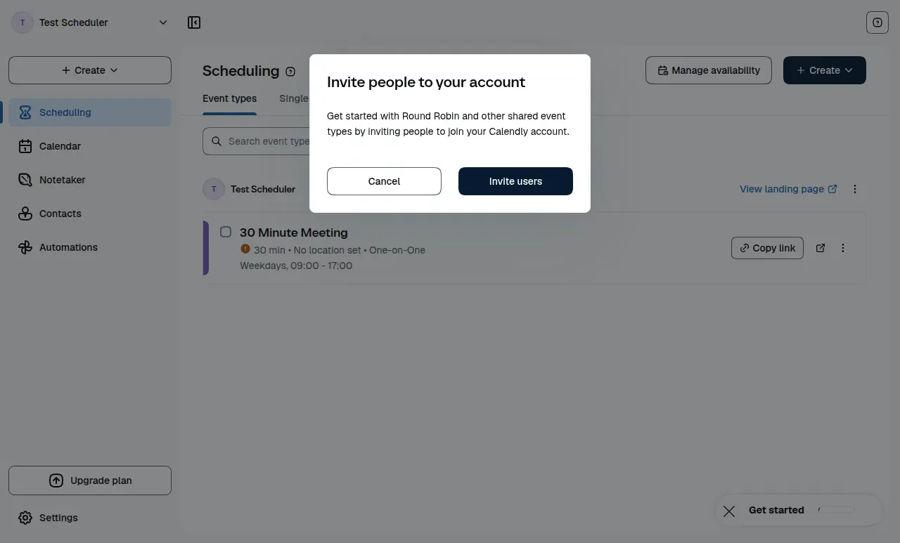 Configuração da distribuição rotativa do Calendly a solicitar que o anfitrião convide membros da equipa