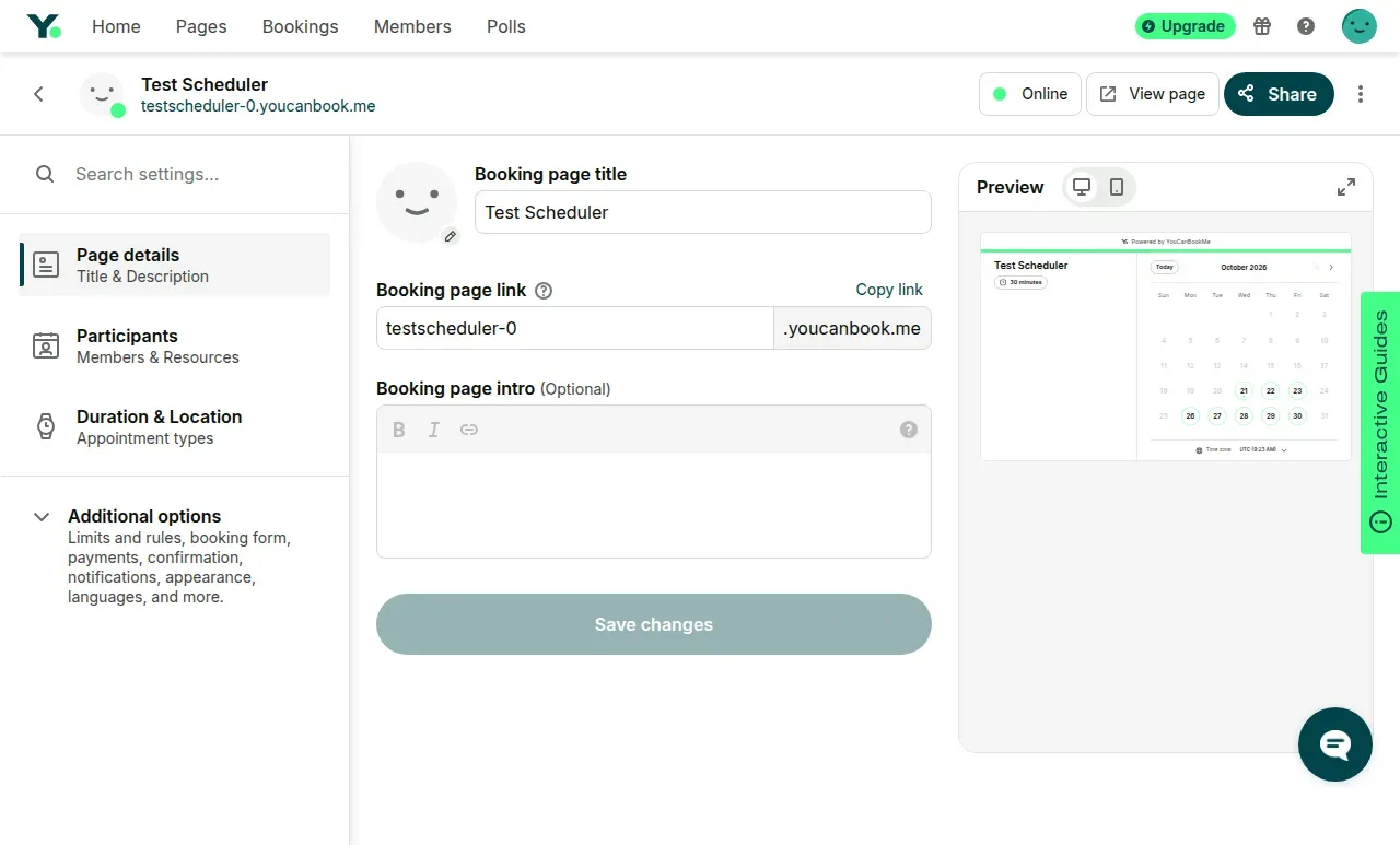Editor da página de marcação do YouCanBookMe com as respetivas definições de disponibilidade