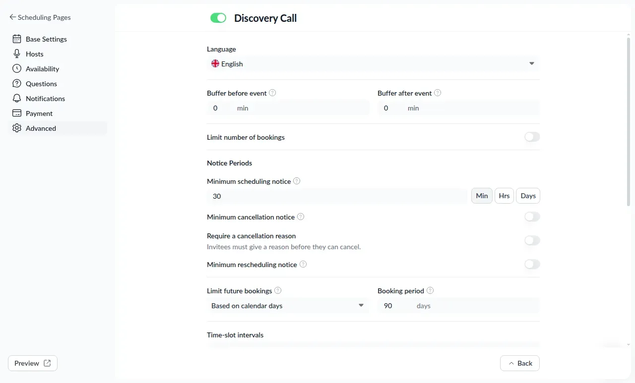 Definições avançadas de «Discovery Call» do Zeeg com controlos de antecedência e intervalos