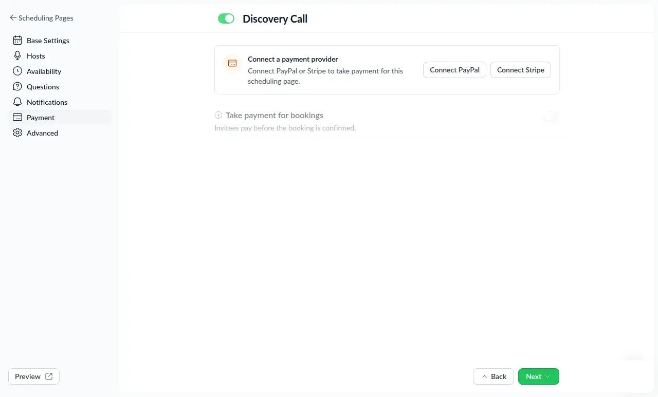 Definições de pagamento de «Discovery Call» do Zeeg a solicitar a ligação de um fornecedor de pagamentos