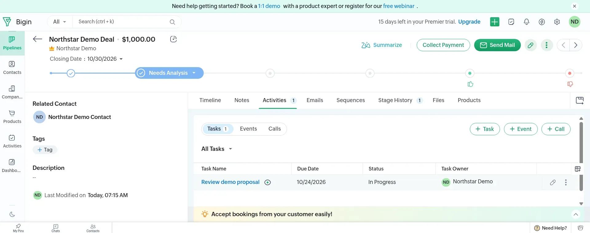 Bigin deal record showing a linked contact and a follow-up task