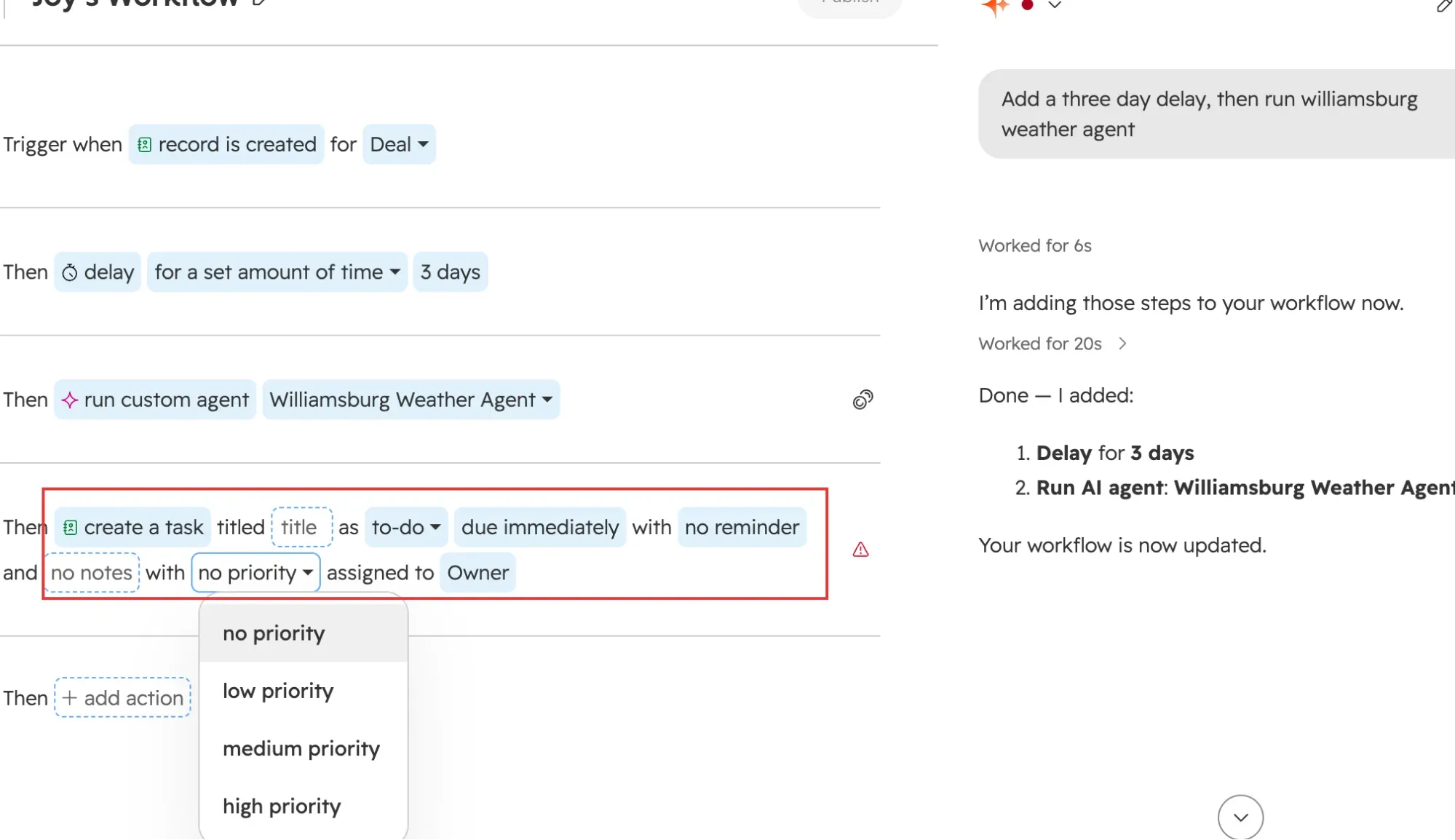 HubSpot workflow editor showing a Create a task action