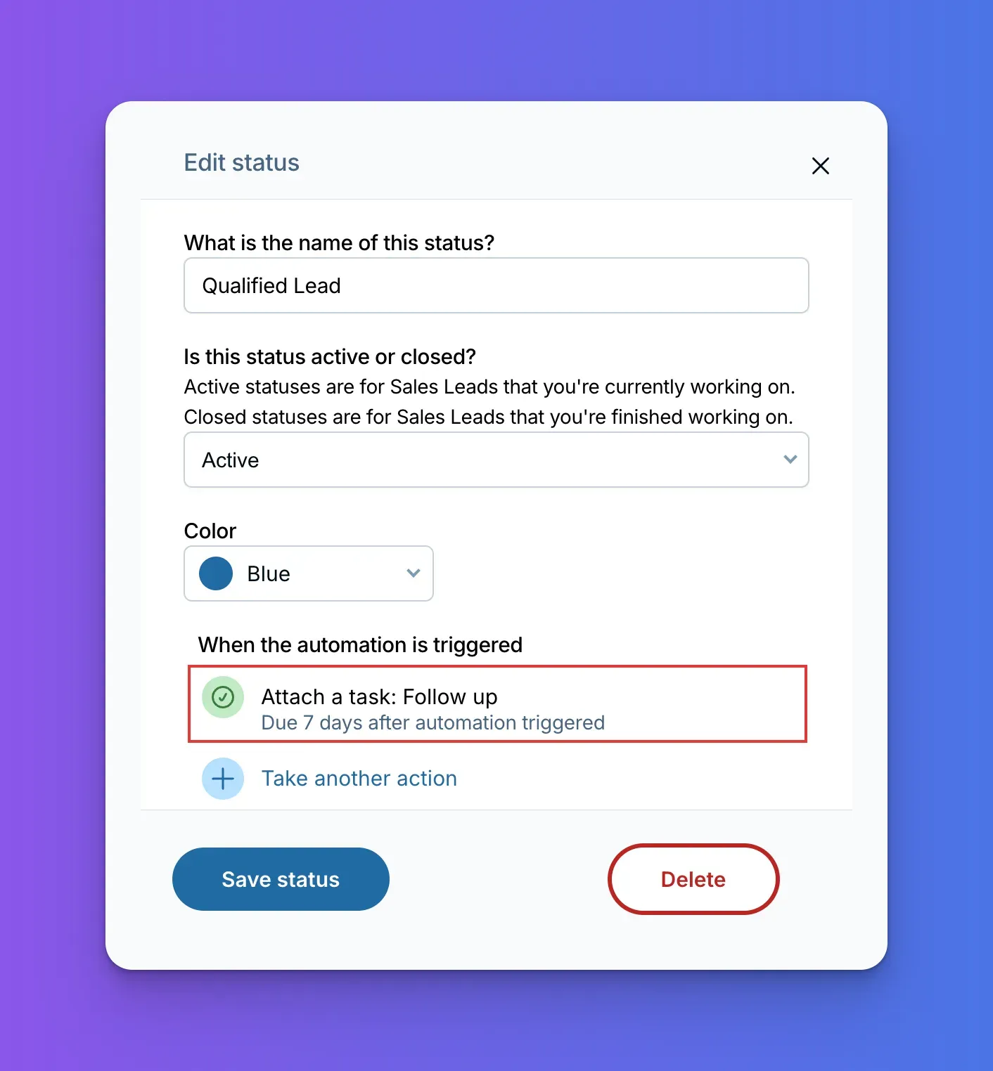 Less Annoying CRM status editor with Attach a task selected
