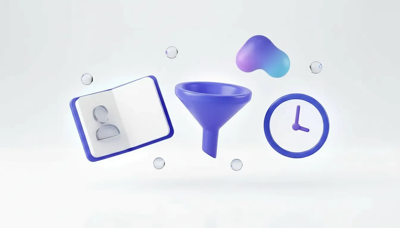Carnet d’adresses bleu et horloge avec un entonnoir de vente violet, illustrant les fiches clients, les tunnels de vente et les tâches de relance