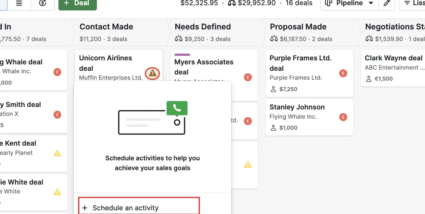 Pipedrive deal pipeline with the Schedule an activity option highlighted