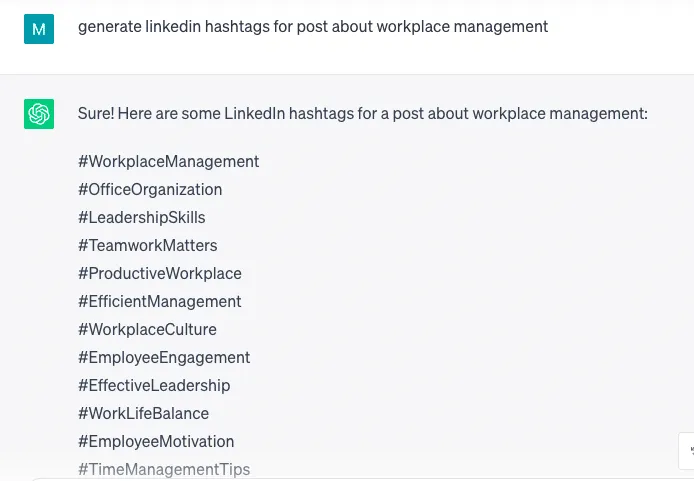 Captura de pantalla de ChatGPT generando un conjunto diverso de hashtags y palabras clave para una publicación de LinkedIn