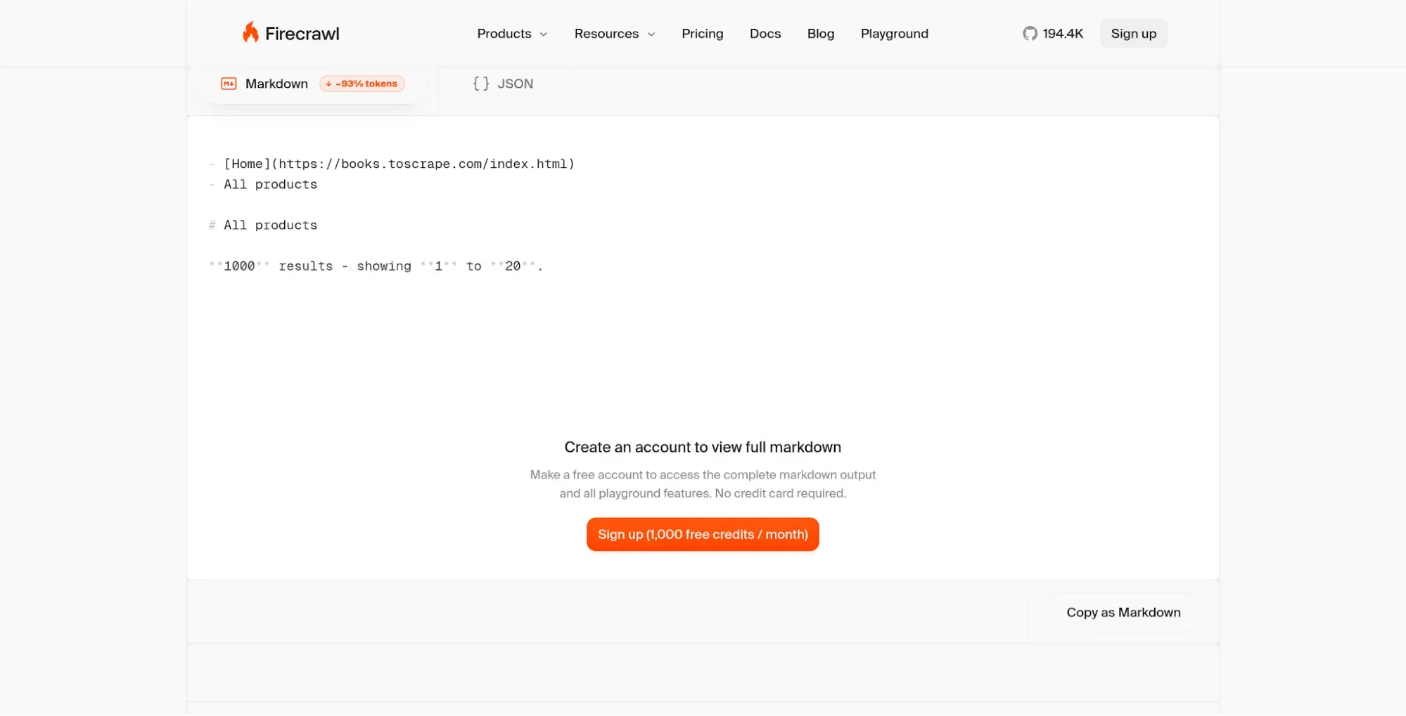 Firecrawl-Markdown-Vorschau mit Navigation, Produktanzahl und dem Hinweis, dass für die vollständige Ausgabe ein Konto erforderlich ist.